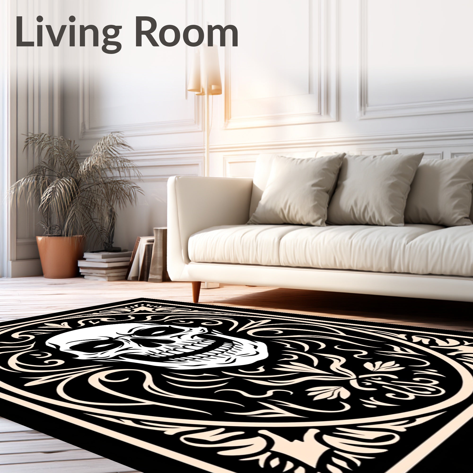 Ornate White Skull Black Oval Rug