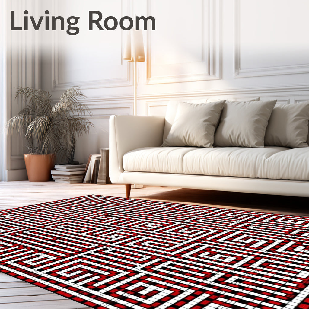 Bold Red White Squared Maze Rug