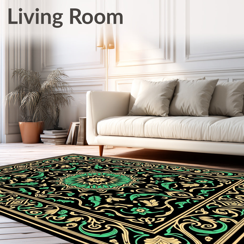 Elaborate Floral Mandala Black Emerald Rug