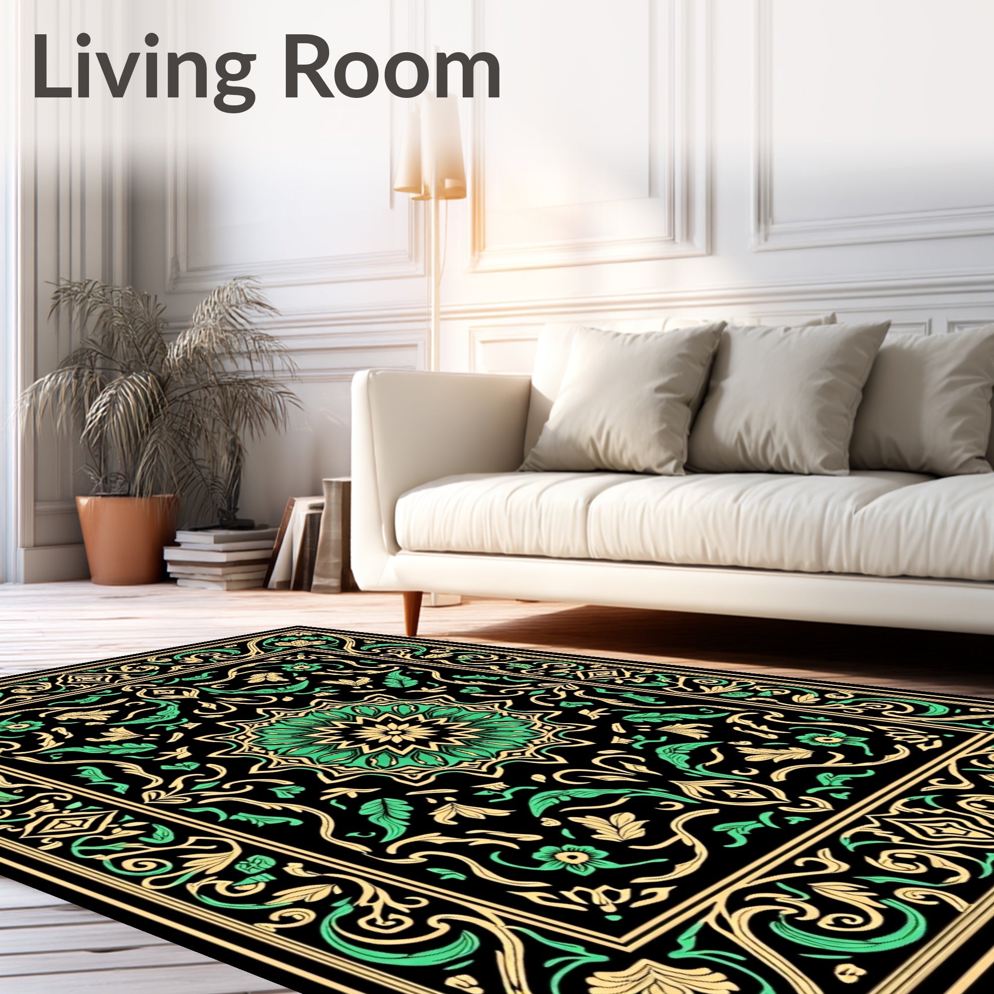 Elaborate Floral Mandala Black Emerald Rug
