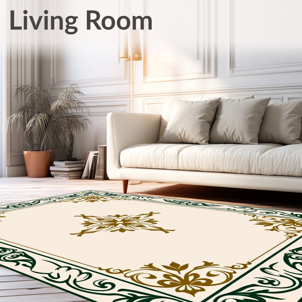 Olive Green Gold Scrollwork Centerpiece Rug