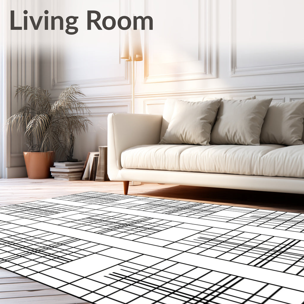 Minimalist Black White Geometric Grid Rug