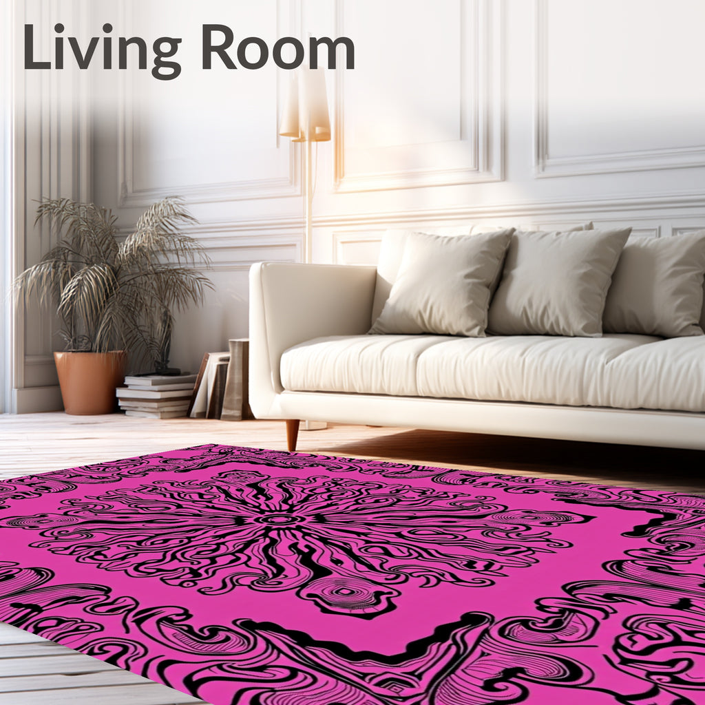 Vibrant Pink Black Swirl Medallion Rug