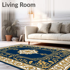 Midnight Blue Gold Baroque Medallion Rug