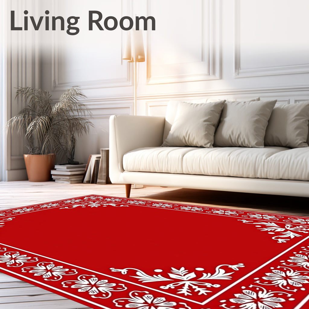 Crimson White Floral Scroll Border Rug