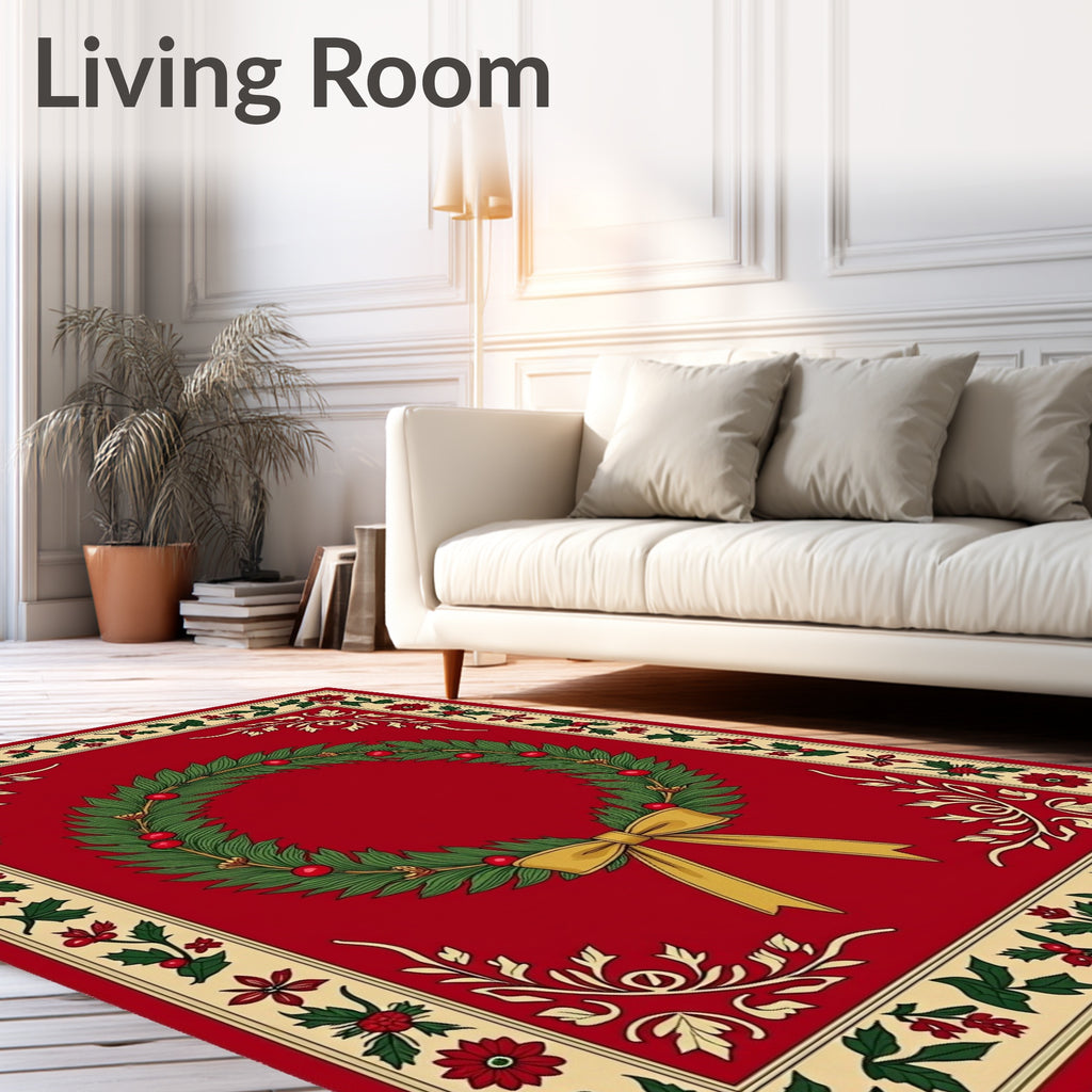 Red Wreath With Golden Bow border Rug