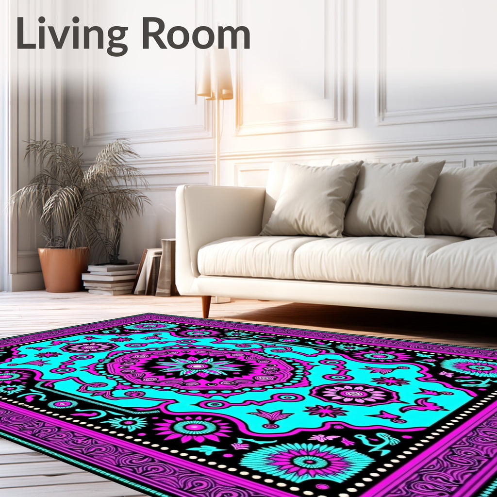 Vibrant Pink Turquoise Floral Medallion Frame Rug