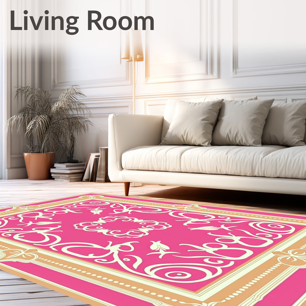 Hot Pink Ivory Floral Frame Rug