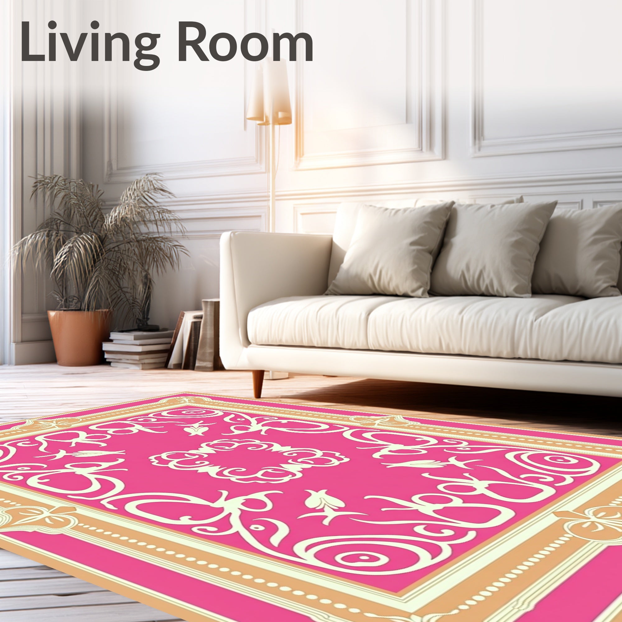 Hot Pink Ivory Floral Frame Rug