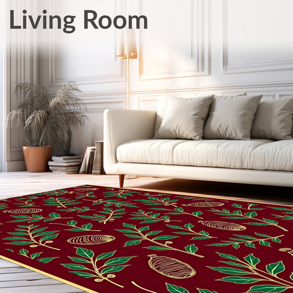 Deep Red Green Leaf Botanical Motif Rug