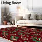 Deep Red Green Leaf Botanical Motif Rug
