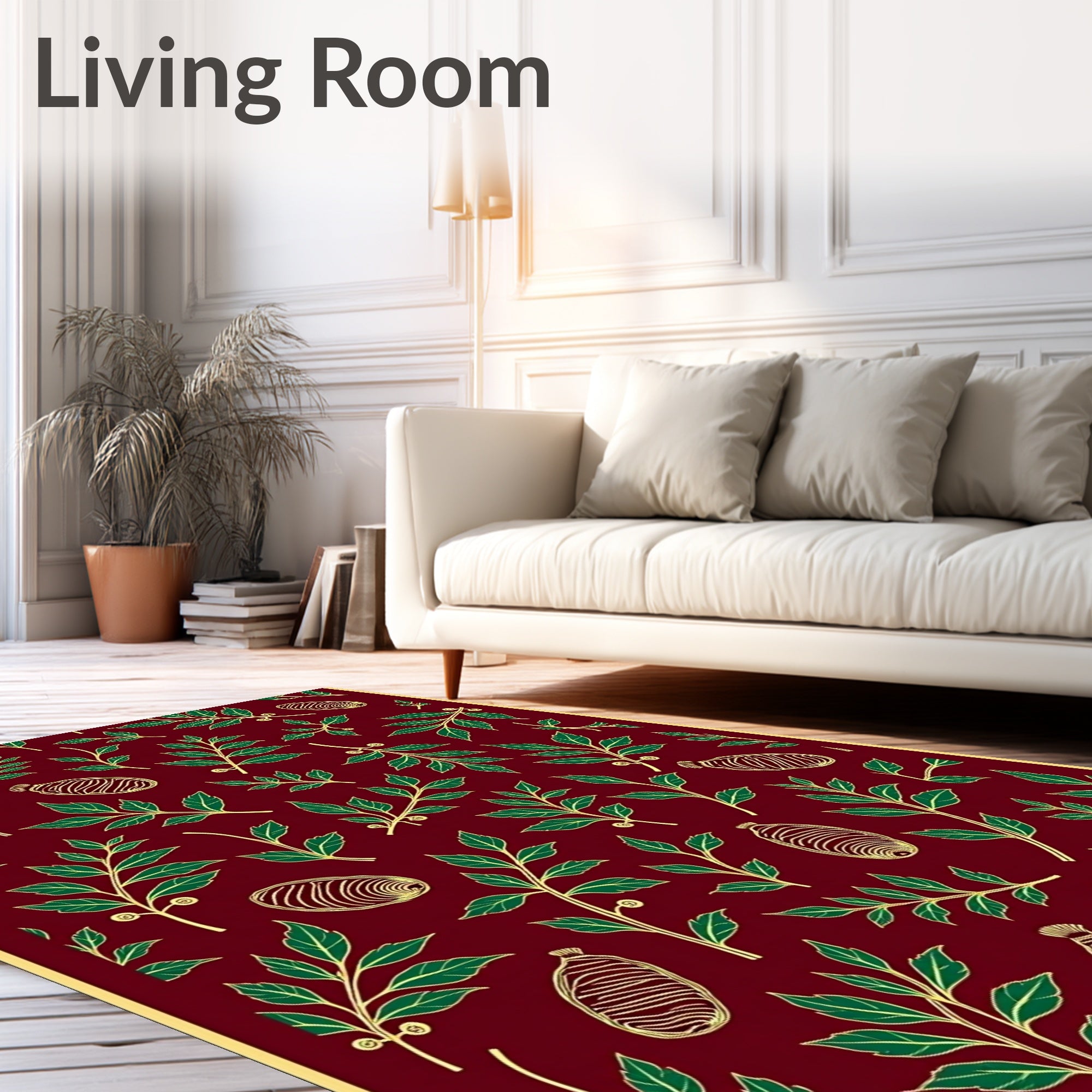Deep Red Green Leaf Botanical Motif Rug