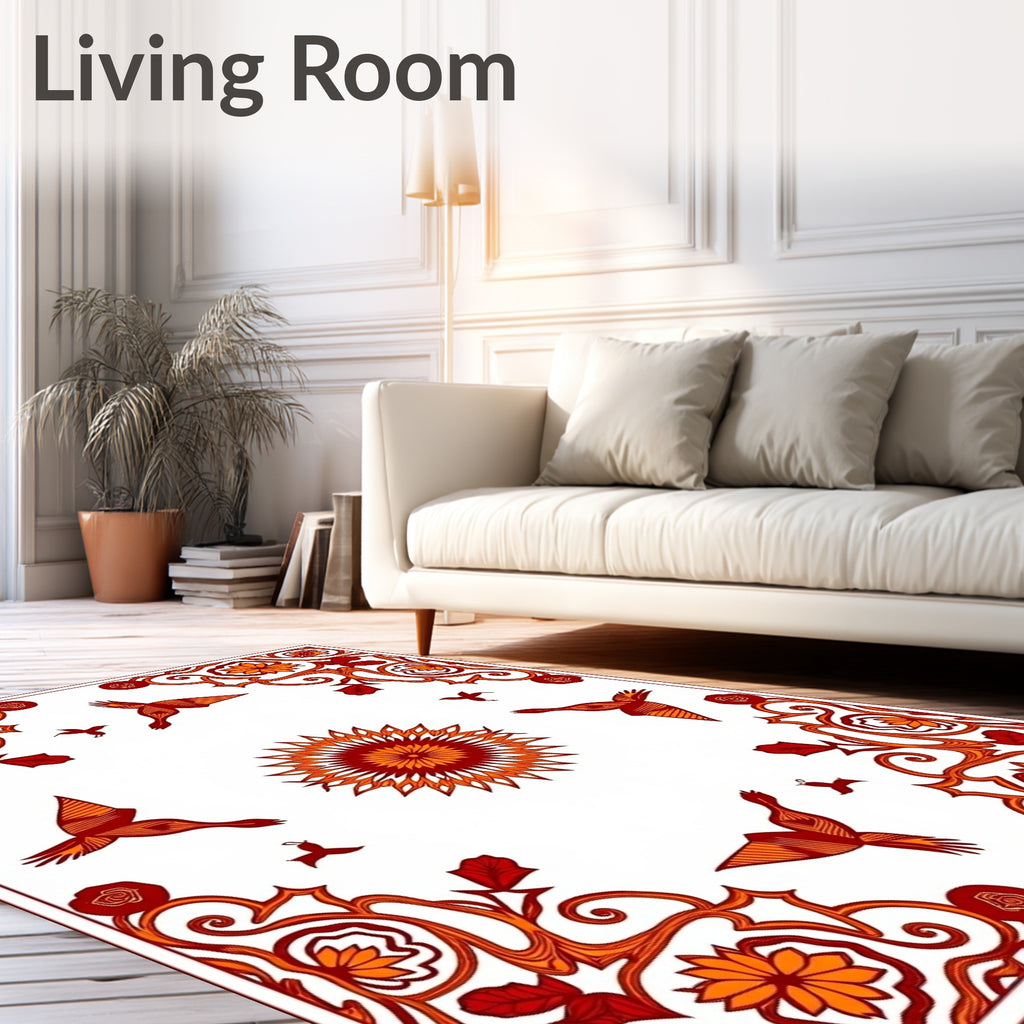 Red Orange Floral Birds Sunburst Rug