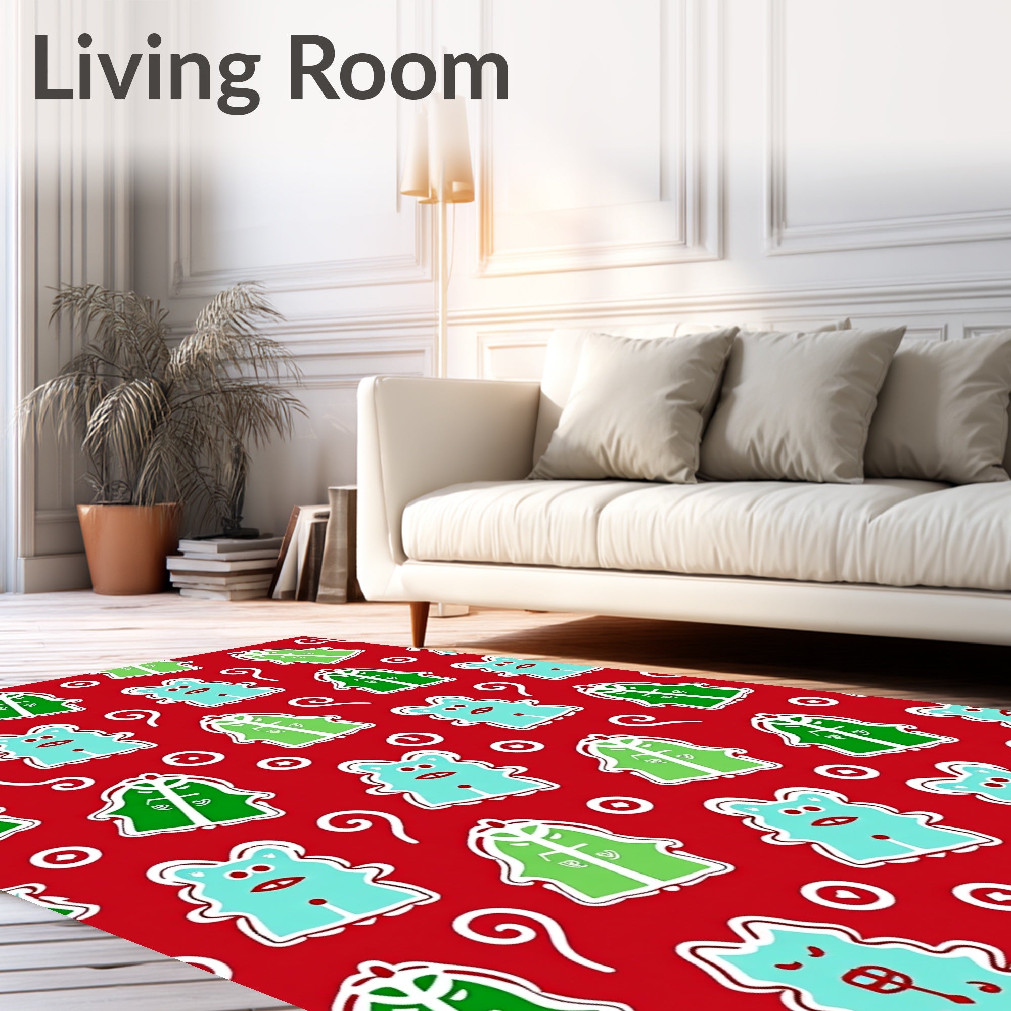 Whimsical Red Cartoon Creatures Swirl Rug
