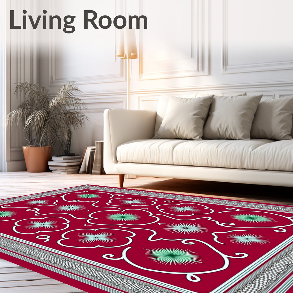Crimson Floral Starburst Border Rug