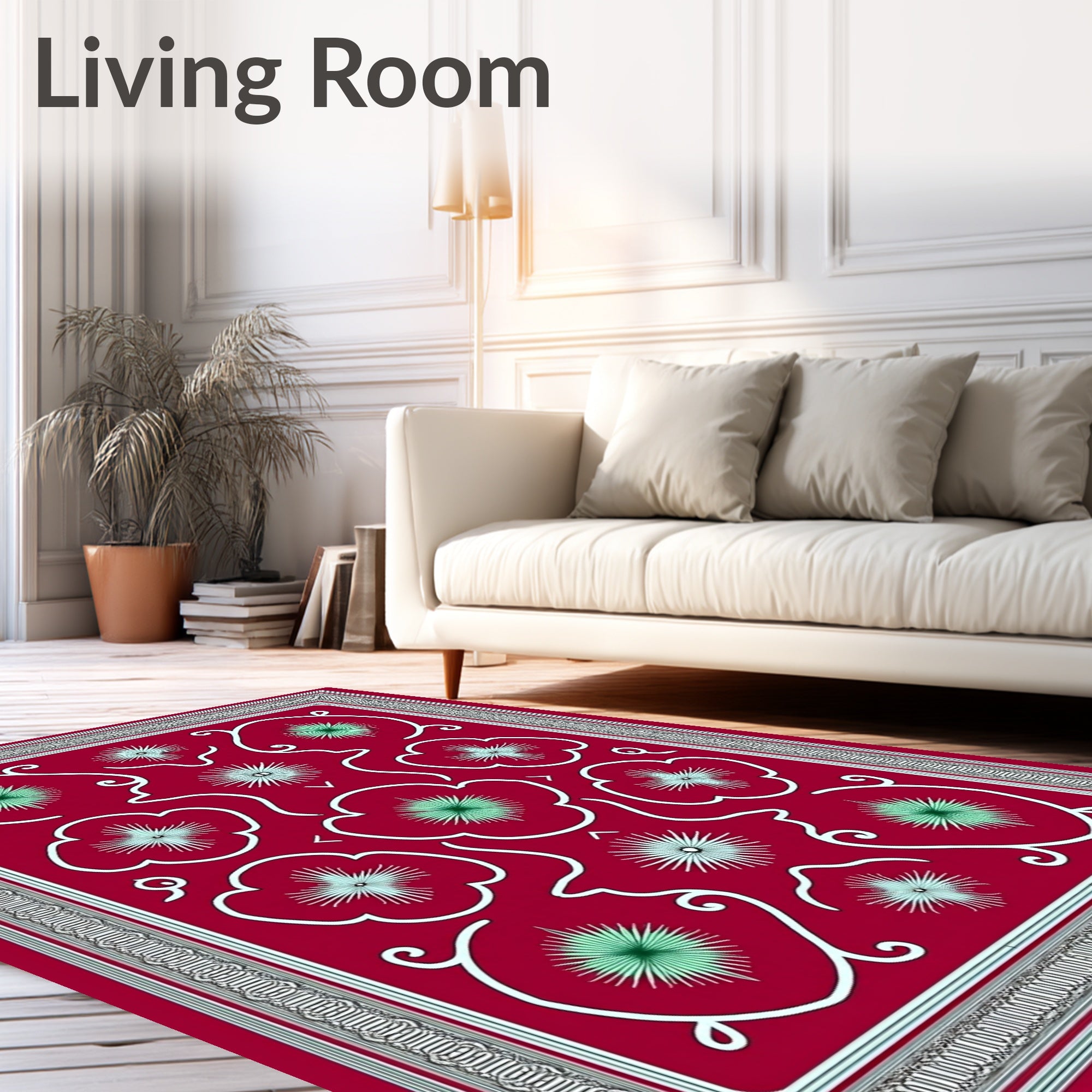 Crimson Floral Starburst Border Rug