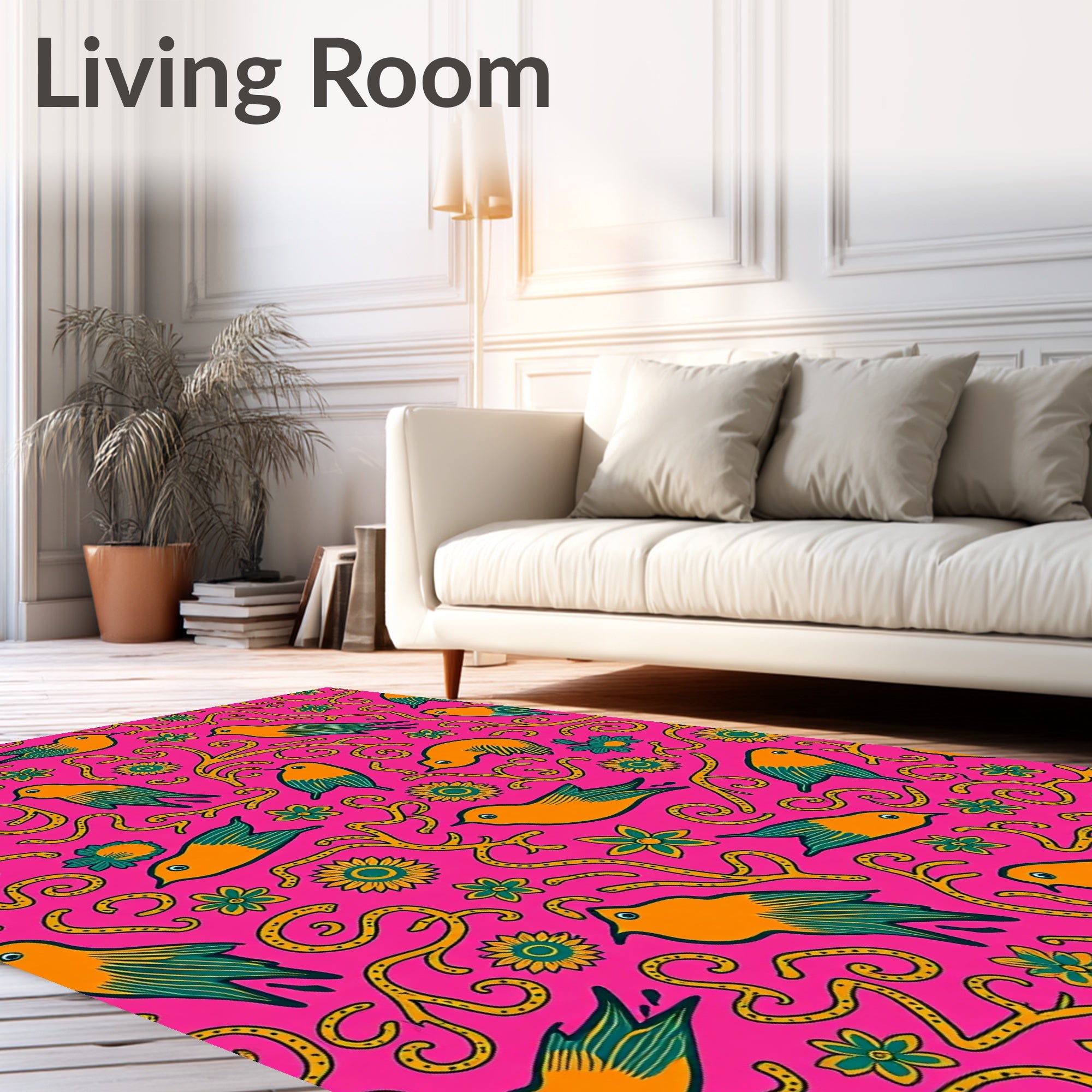 Whimsical Orange and Teal Birds Rug