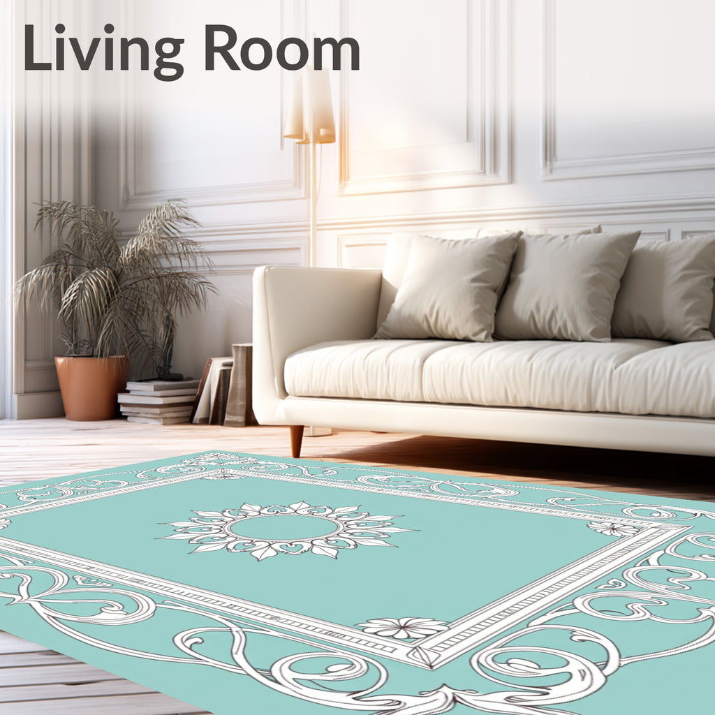 Turquoise white ornate floral frame medallion Rug