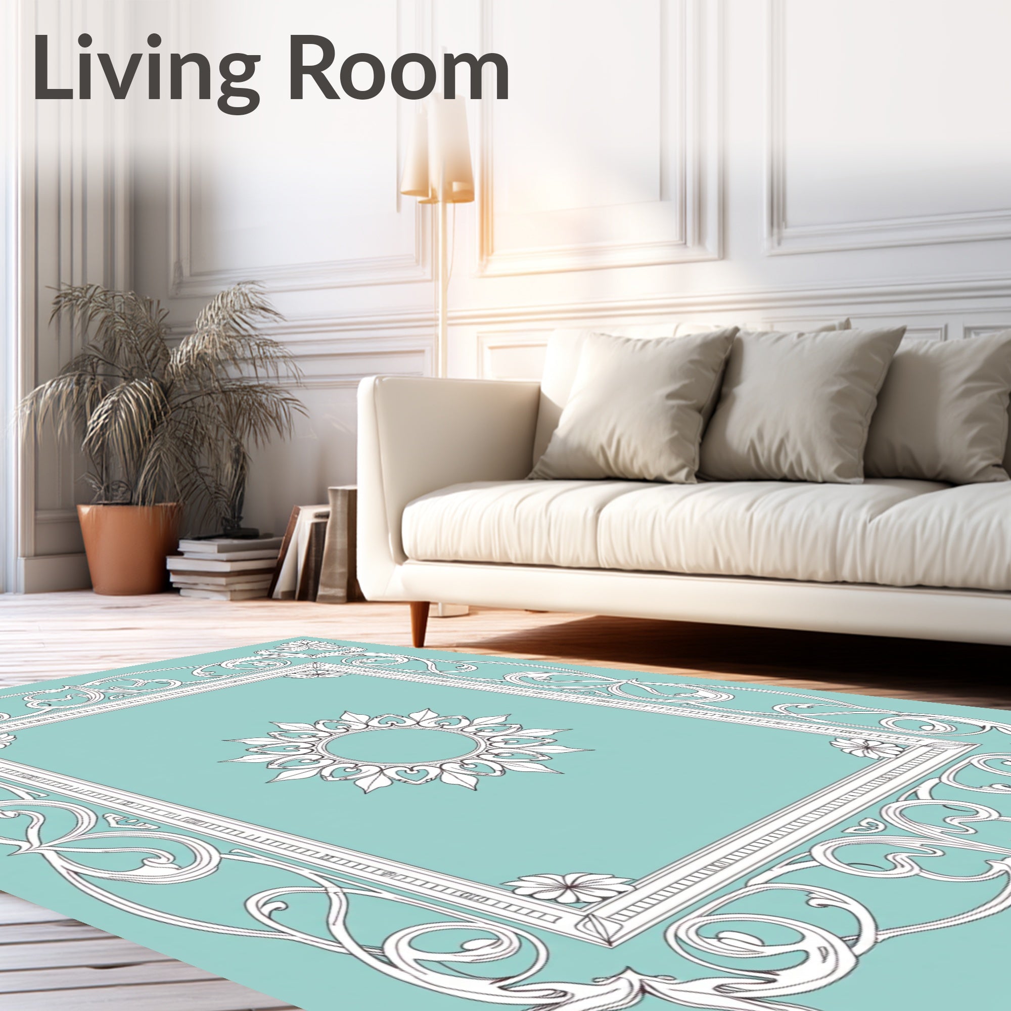 Turquoise white ornate floral frame medallion Rug