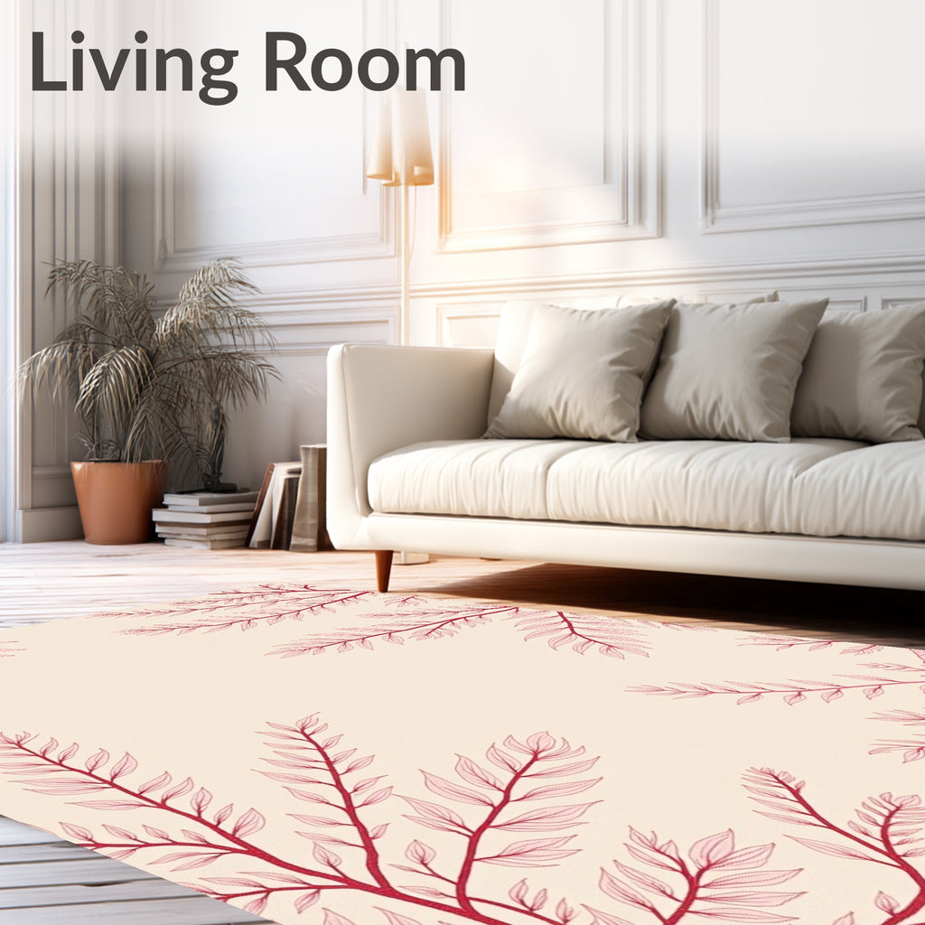 Crimson Leafy Branches On Cream Rug