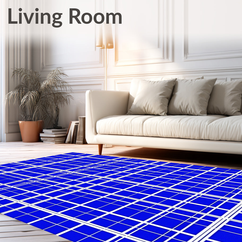 Bold Navy Blue Geometric Grid Rug