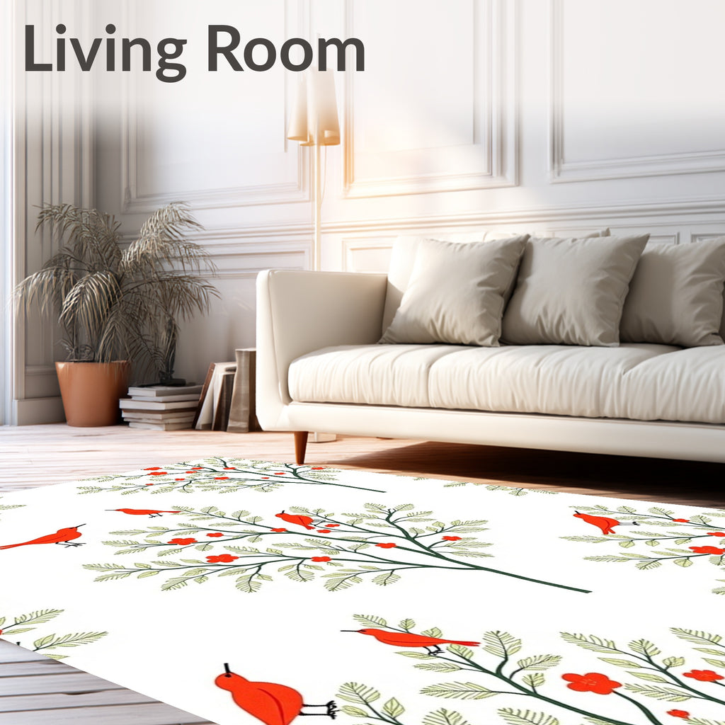 Vibrant Red Birds Green Tree Accents Rug
