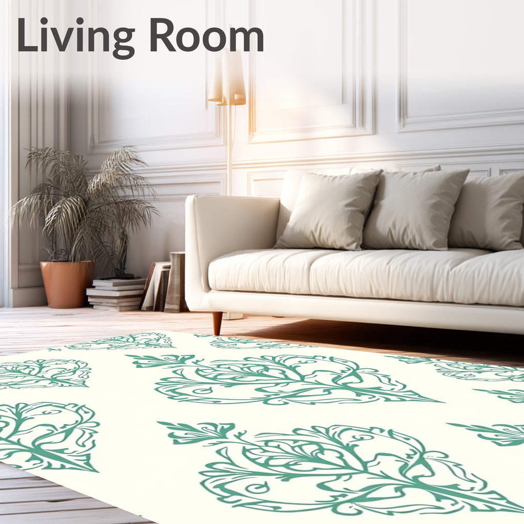 Teal Damask Scrollwork Traditional Rug