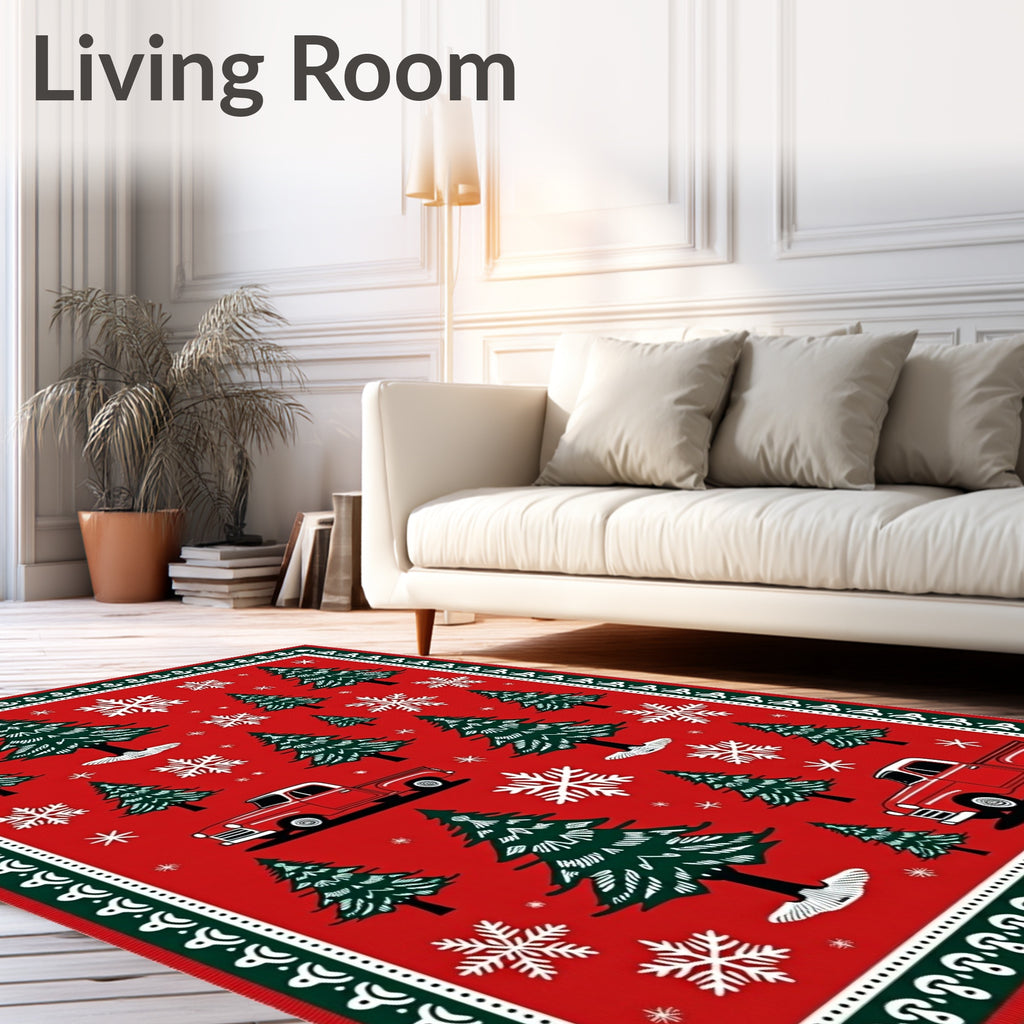 Red Vintage Truck Christmas Trees Rug
