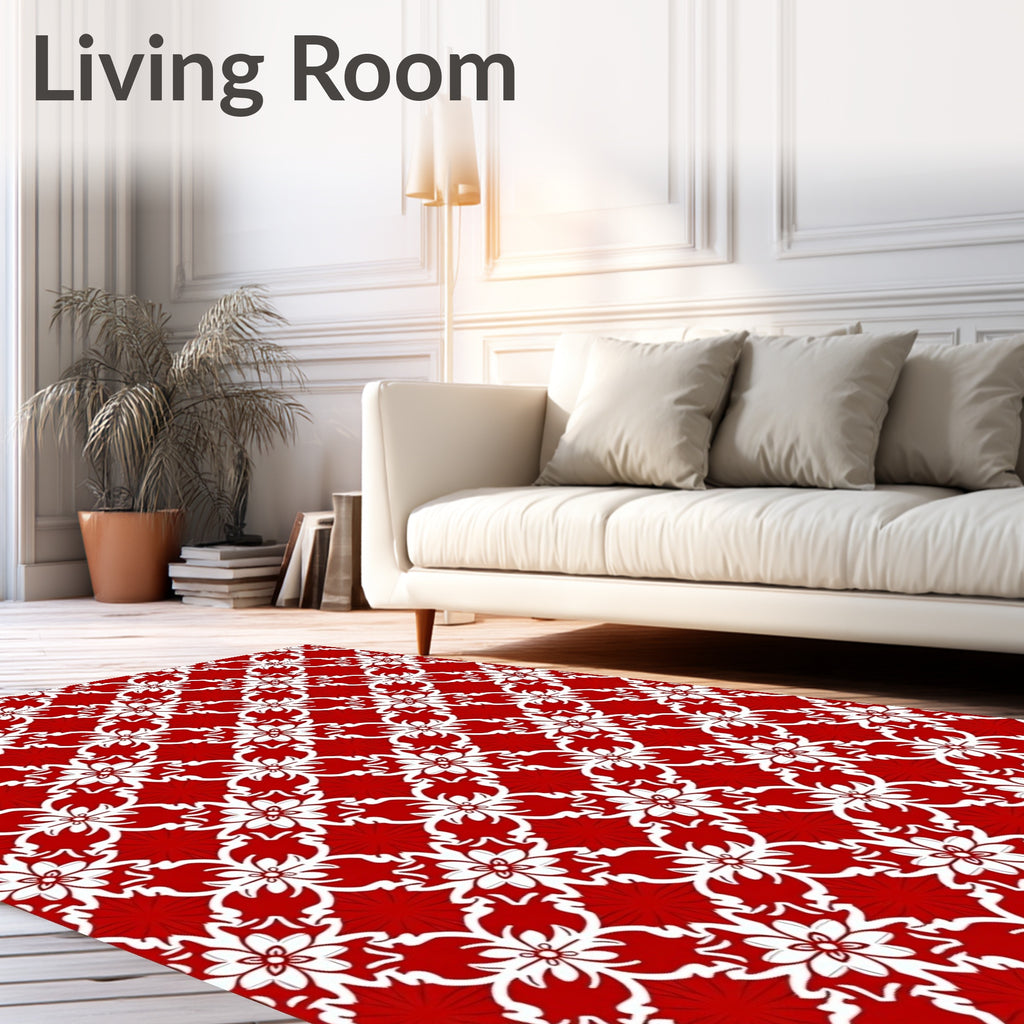 Vibrant Red White Floral Damask Rug