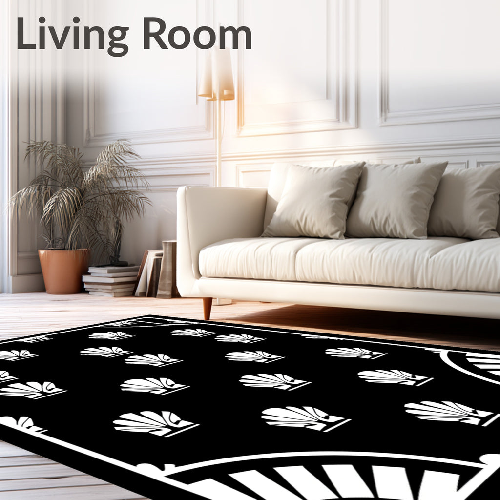 Black White Seashell Fan Border Rug