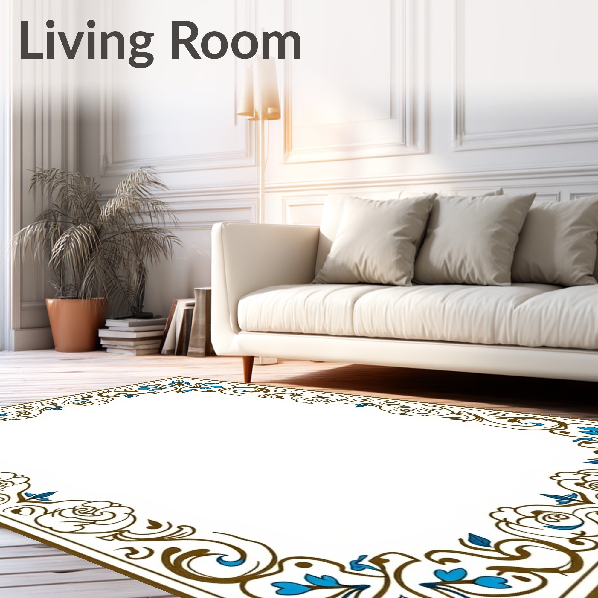 Golden Brown Blue Floral Scroll Rug