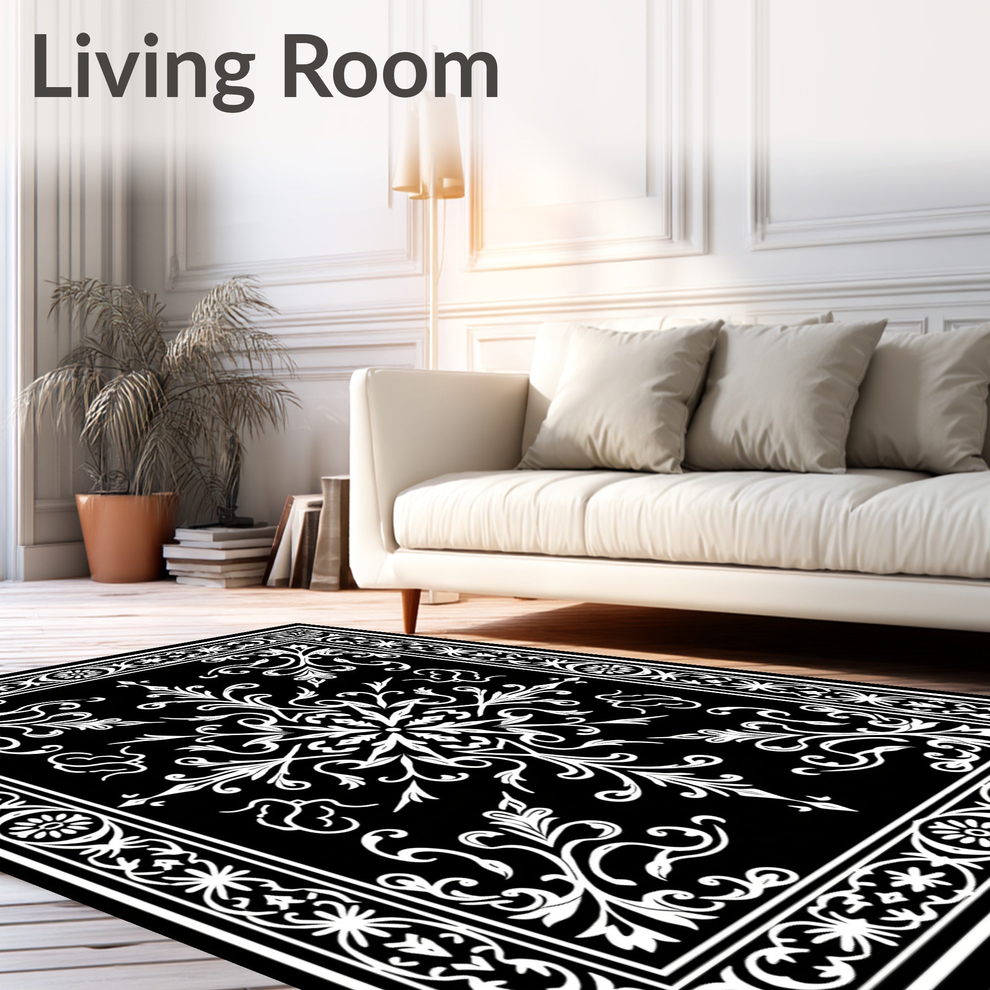 Ornate Black White Floral Medallion Rug