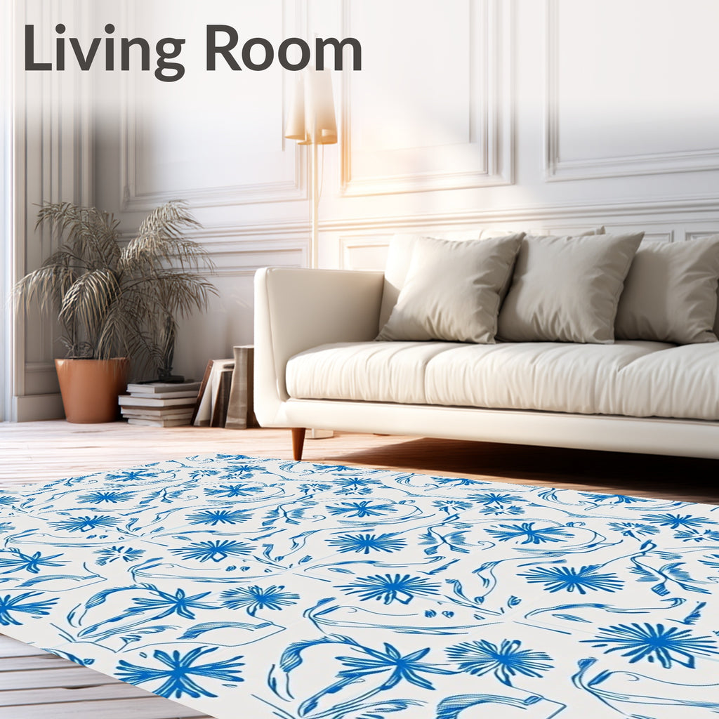 Classic Blue Floral Botanical Swirl Rug
