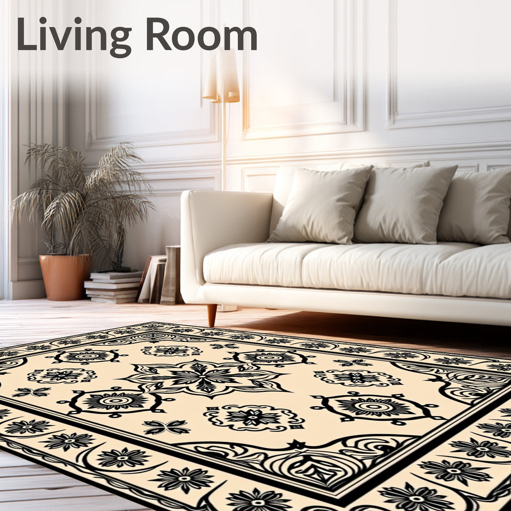 Cream and Black Floral Medallion Rug