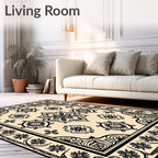 Cream and Black Floral Medallion Rug