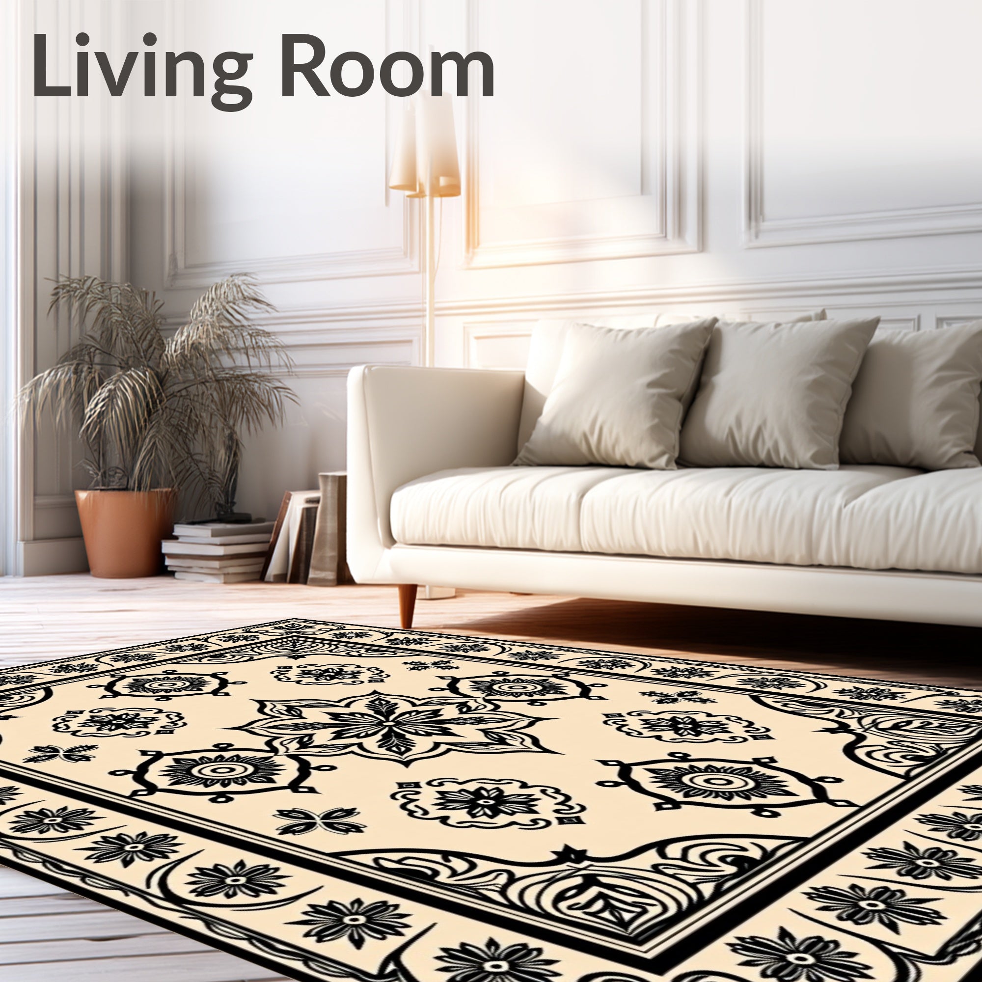 Cream and Black Floral Medallion Rug