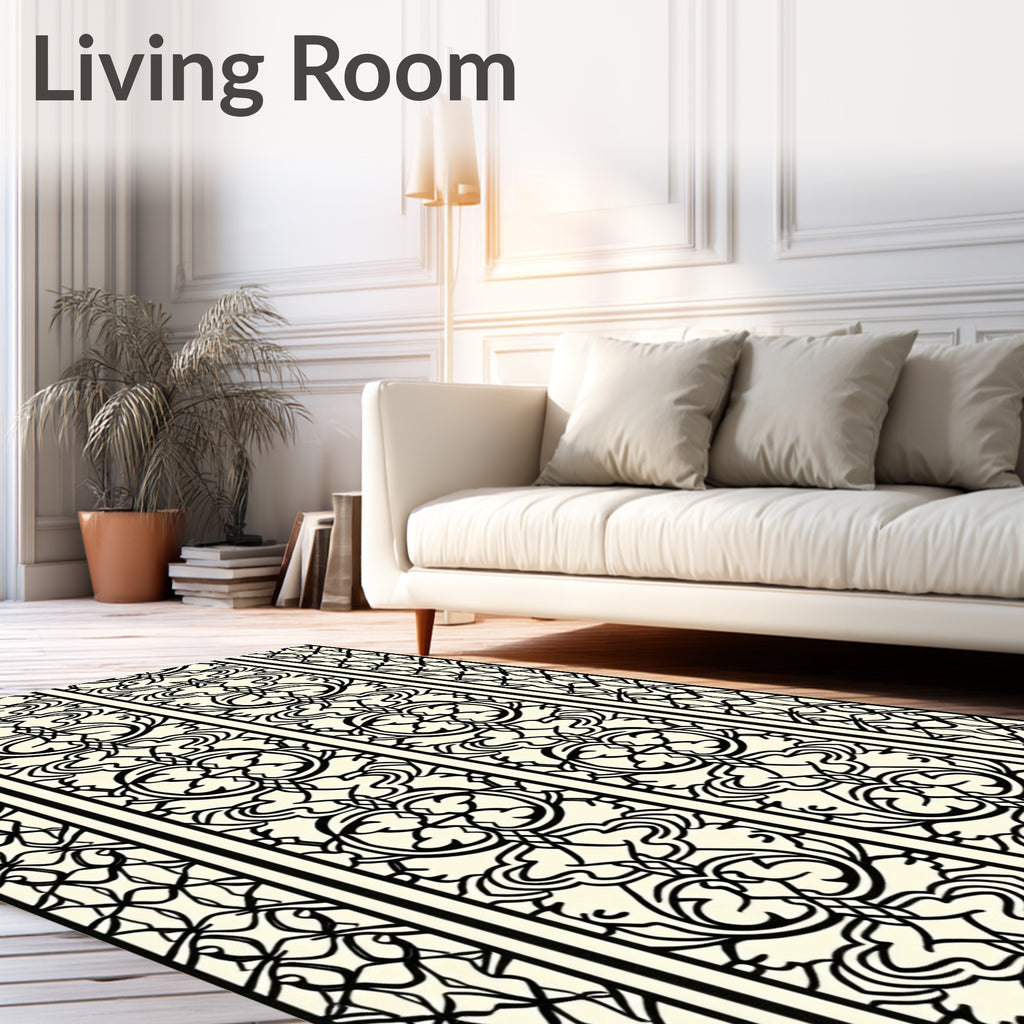 Cream and Black Filigree Scroll Rug