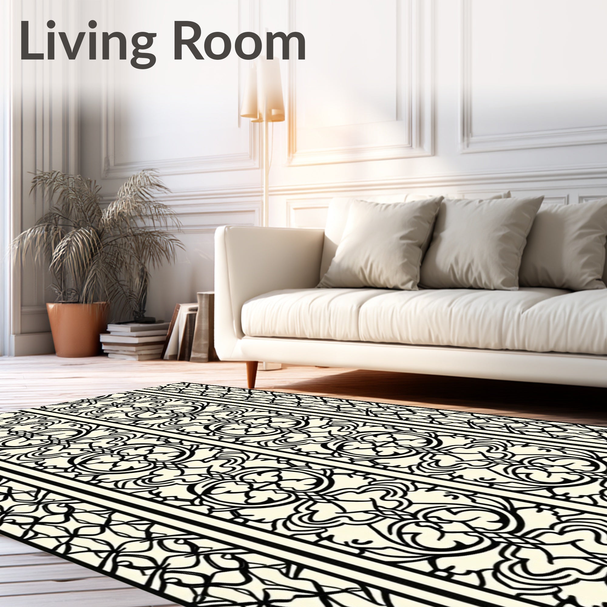 Cream and Black Filigree Scroll Rug