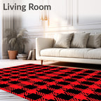 Vibrant Red Black Checkered Grid Rug