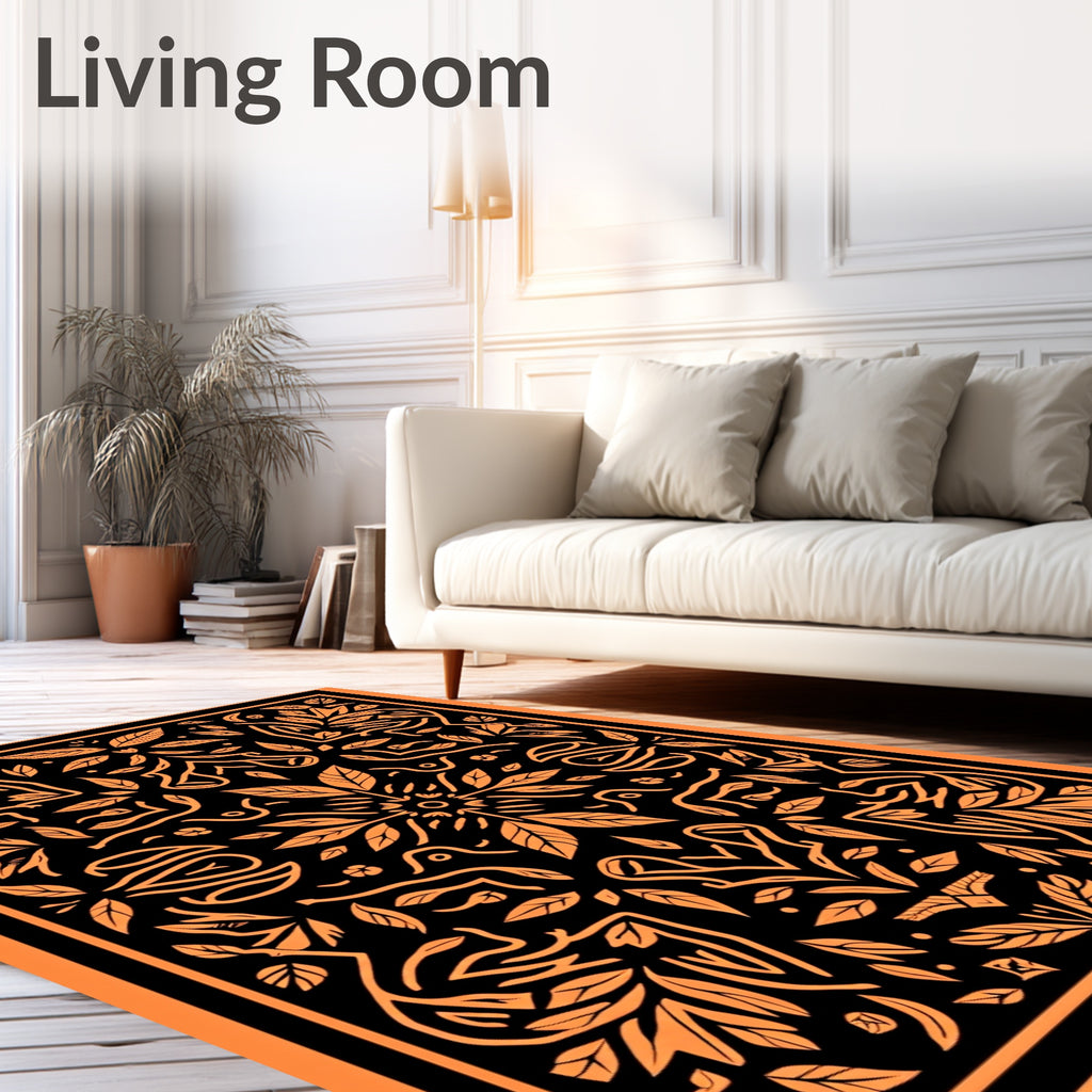 Orange Black Ornate Botanical Bird Arrangement Rug