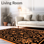 Orange Black Ornate Botanical Bird Arrangement Rug