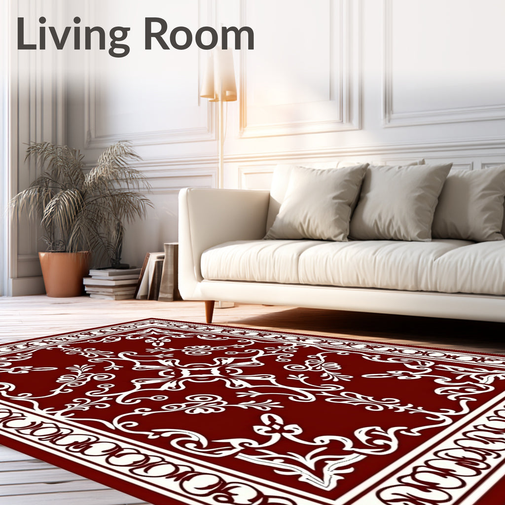 Deep Red White Floral Medallion Rug
