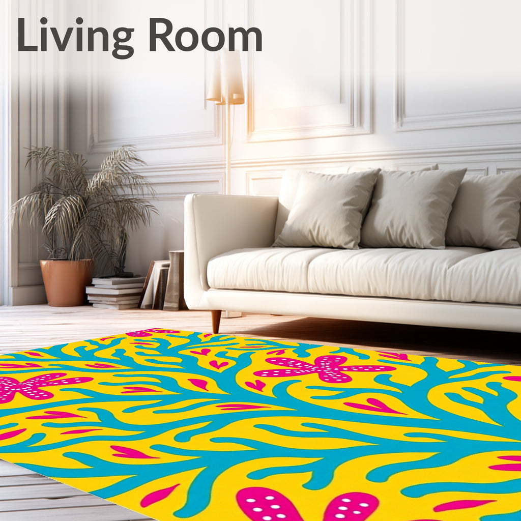 Coral Pink White Dot Flower Yellow Rug