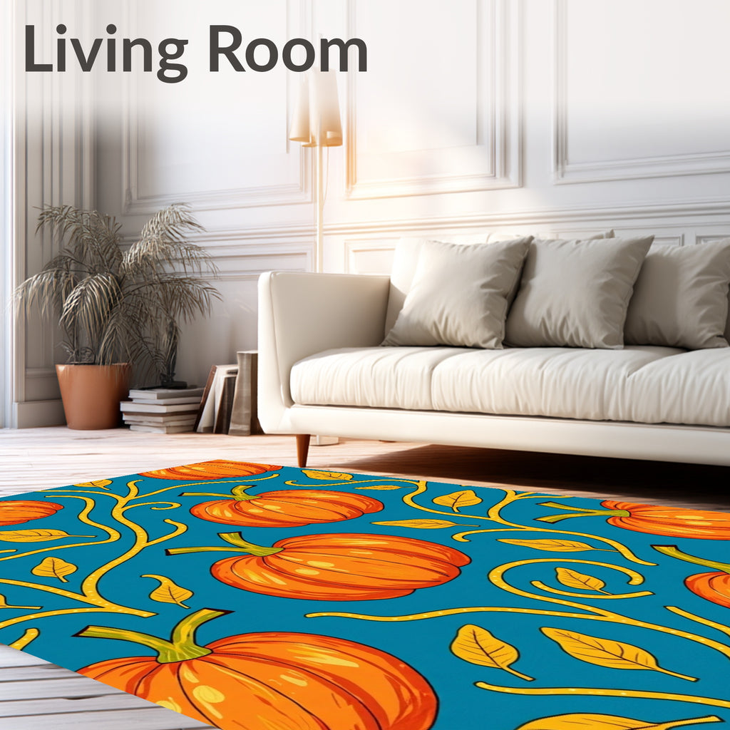 Orange Pumpkins Yellow Vine Teal Rug