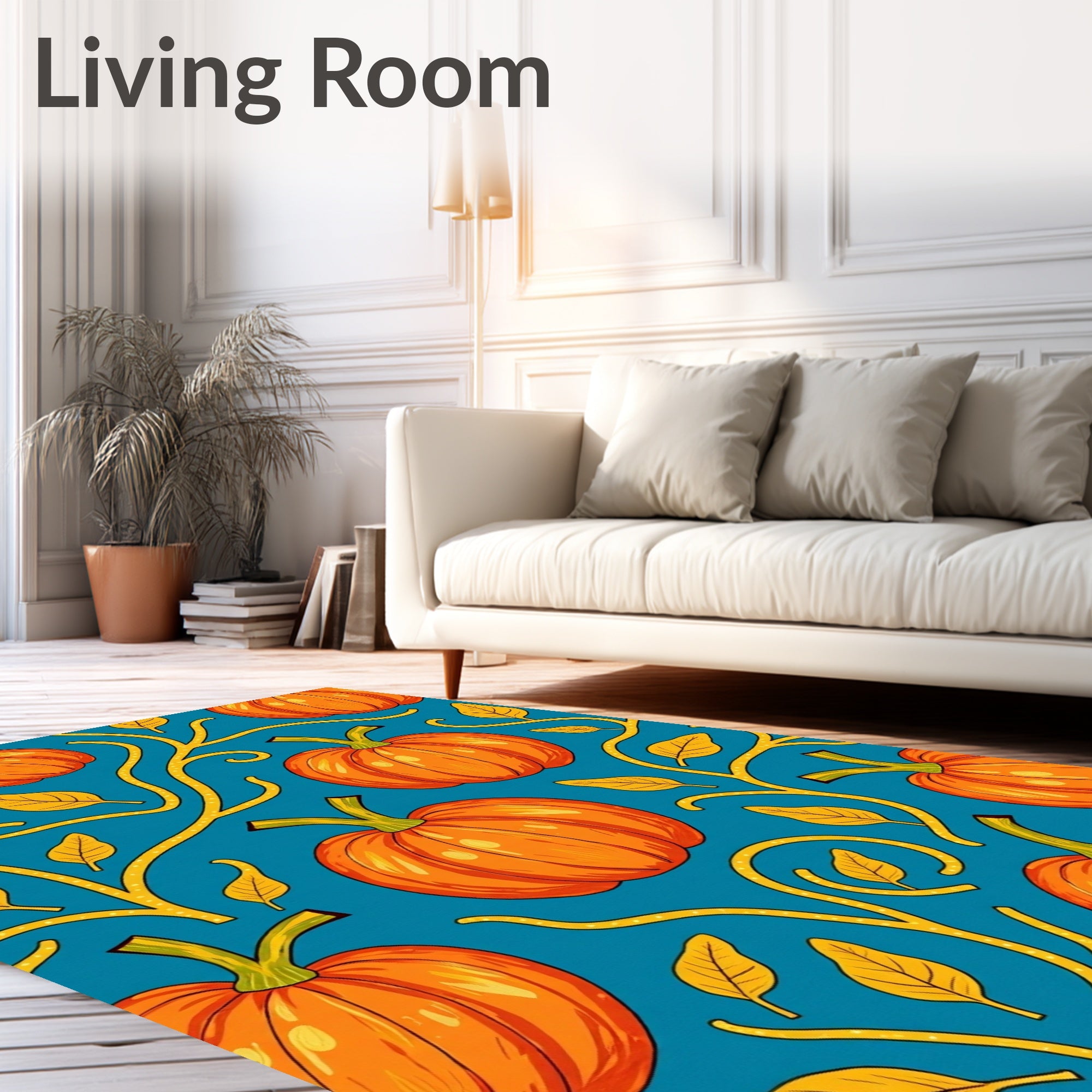 Orange Pumpkins Yellow Vine Teal Rug