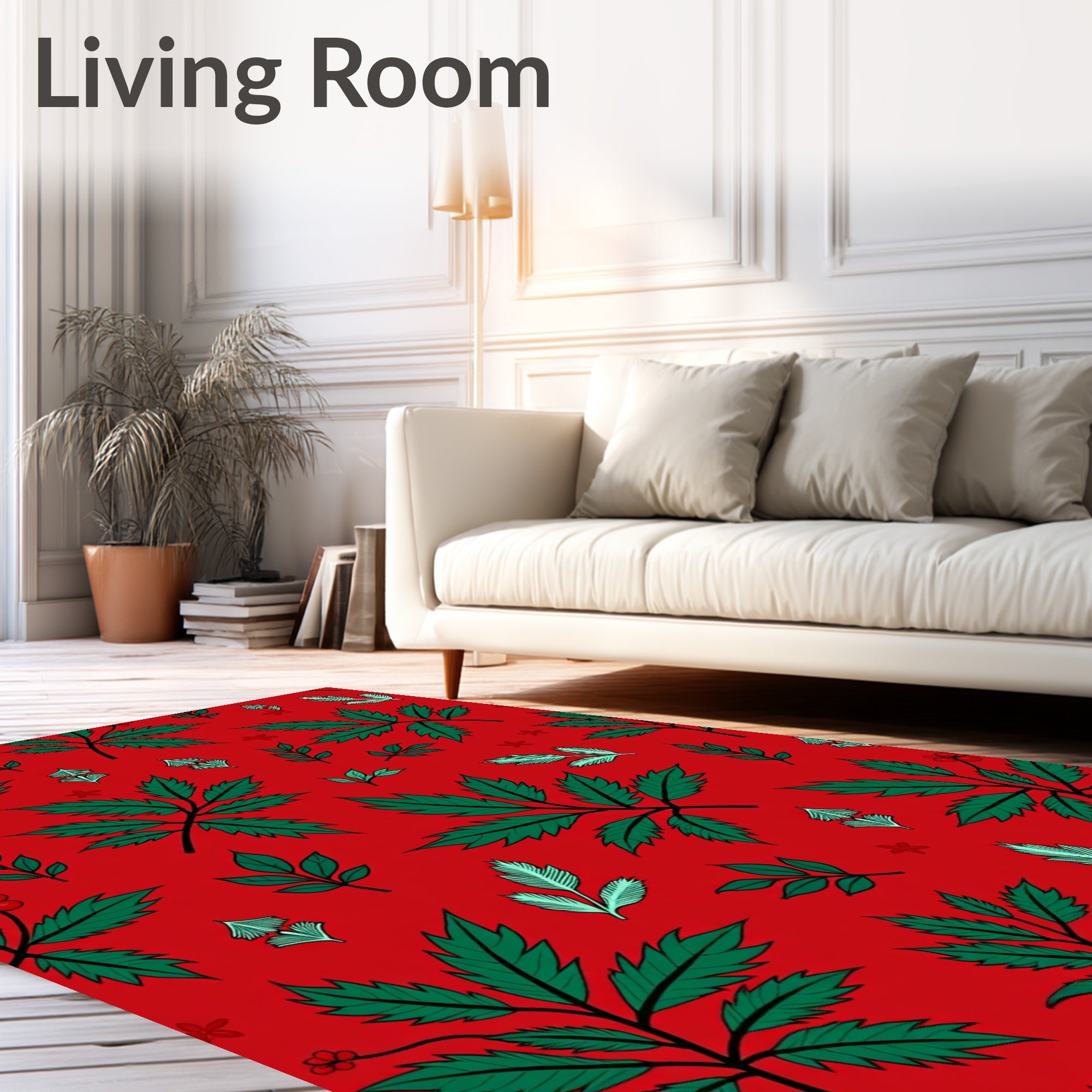 Vibrant Green Leaf Cluster Red Field Rug