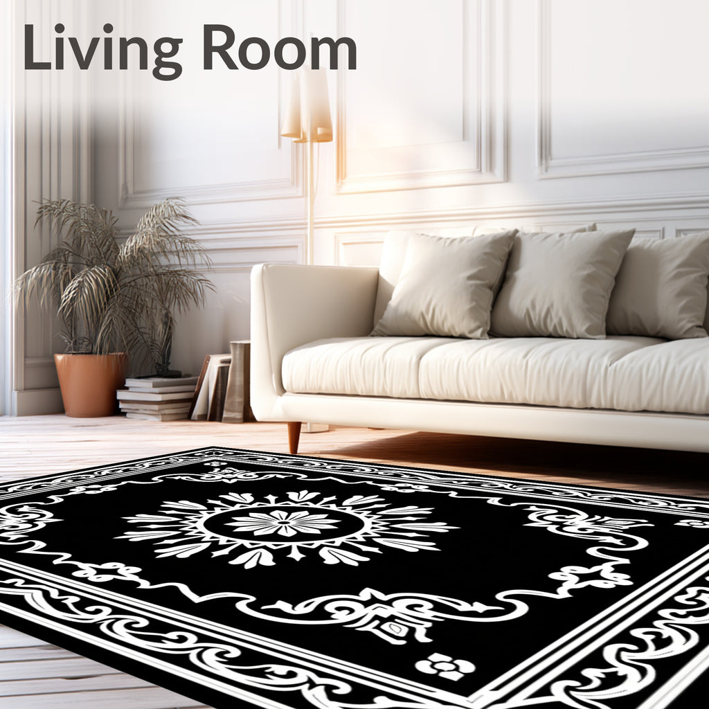 Black White Floral Medallion Frame Rug