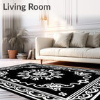 Black White Floral Medallion Frame Rug