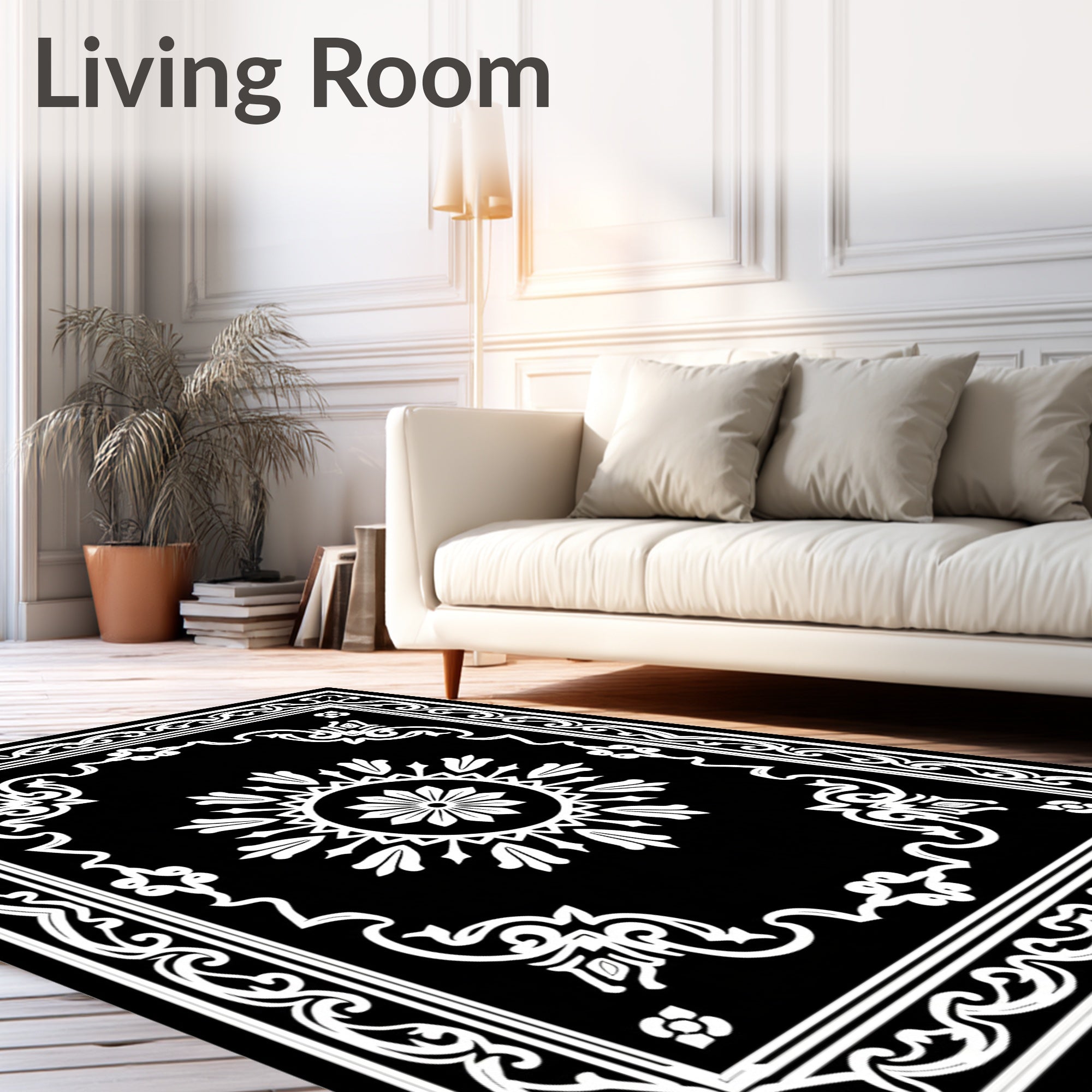 Black White Floral Medallion Frame Rug