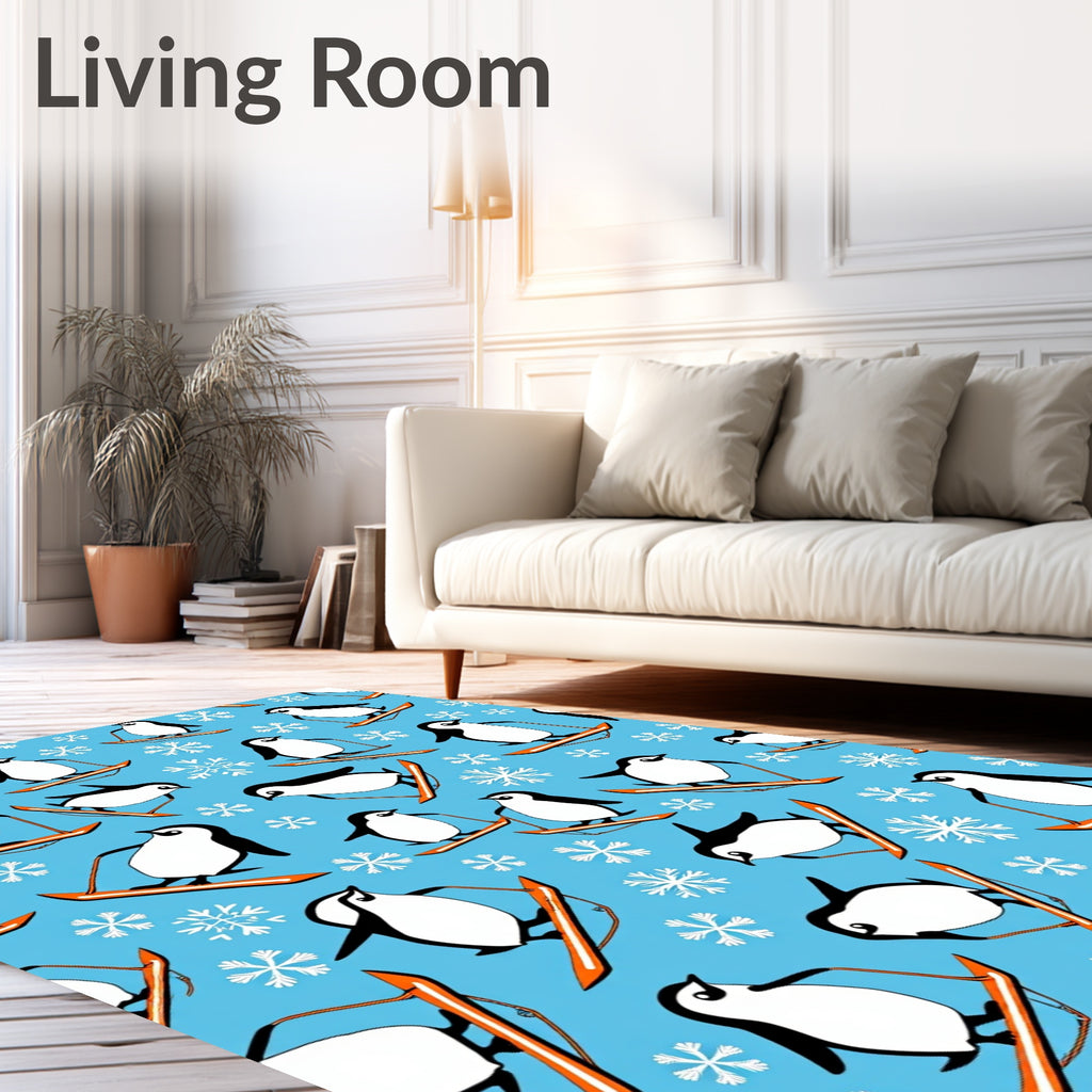Whimsical Penguin Snowboarding Scene Rug